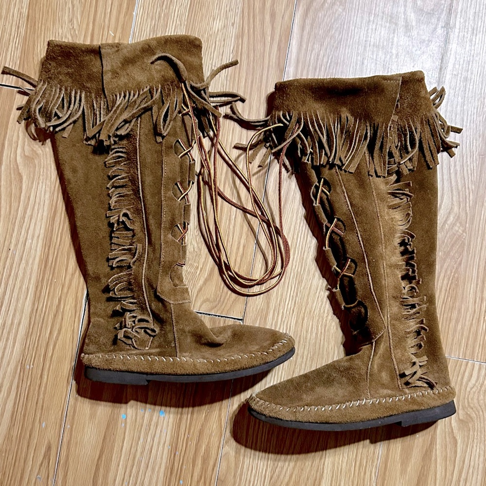 MINNETONKA leather Fringe Lace-front knee high moccasin boots brown wmn 6.5 - 7
